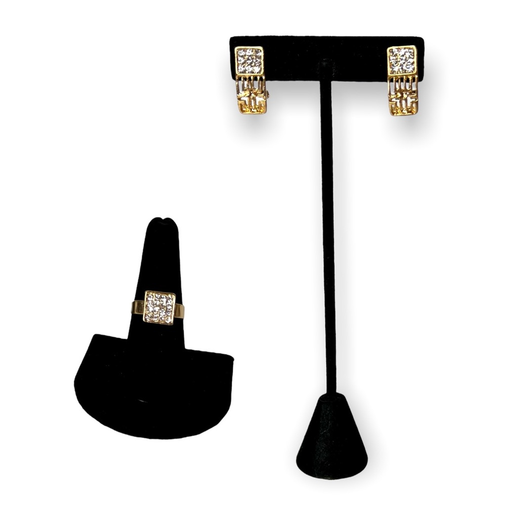 Square Pave Crystal Gold Tone Earrings and Ring Set